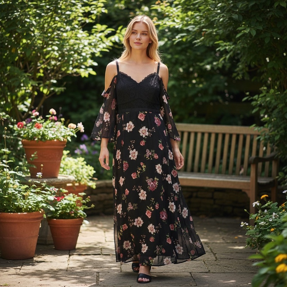 Torrid Maxi Dress Womens 18 Black Floral Lace Cold Shoulder Insider Collection
